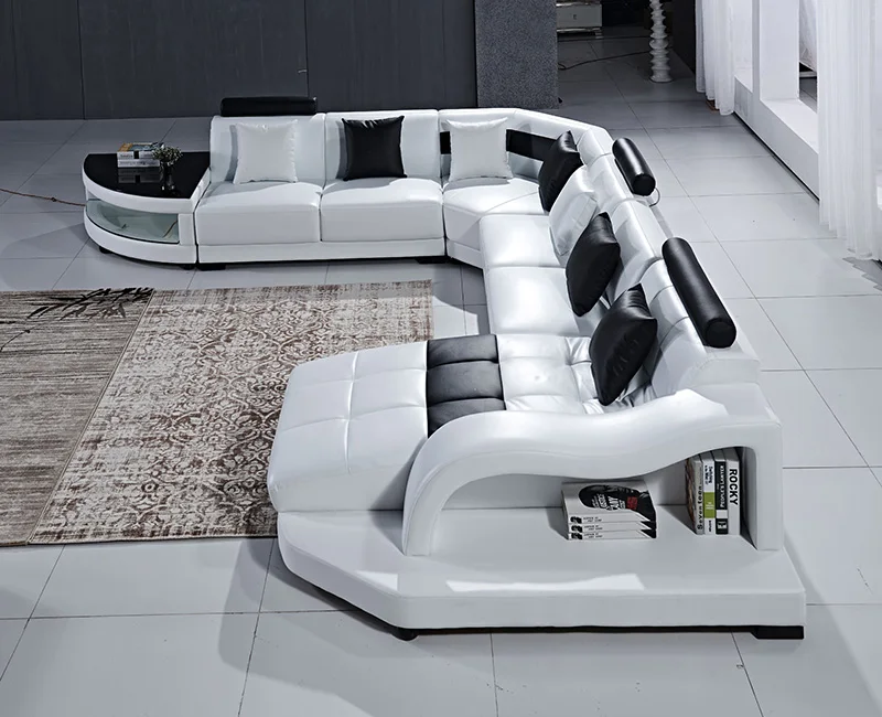 Canapé en cuir en forme de u blanc, mobilier de salon, design moderne, meilleure vente, avec lumière led,