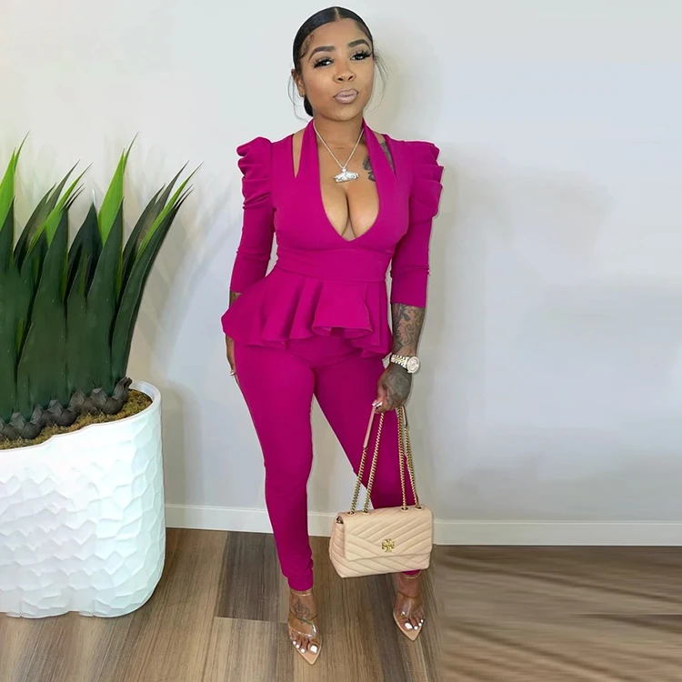 

Ready to Ship Elegant Ladies Outfits Women's Clothing V Neck Ruffles Top And Trousers Women Pants Set, Yellow,rose red