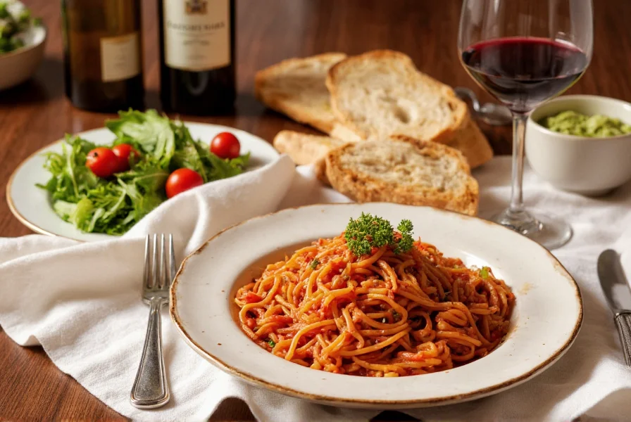 Traditional Calabrian meal setting with chili pasta, arugula salad, crusty bread, and glass of red wine