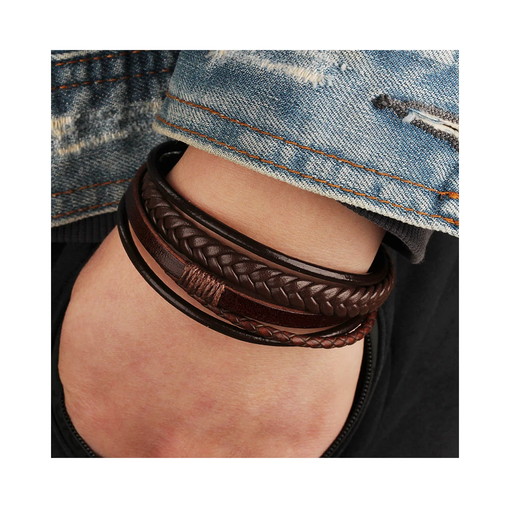 

2021 New arrivals Fashionable genuine leather bracelets male Multilayer Braided Ropes Jewelry Accessory