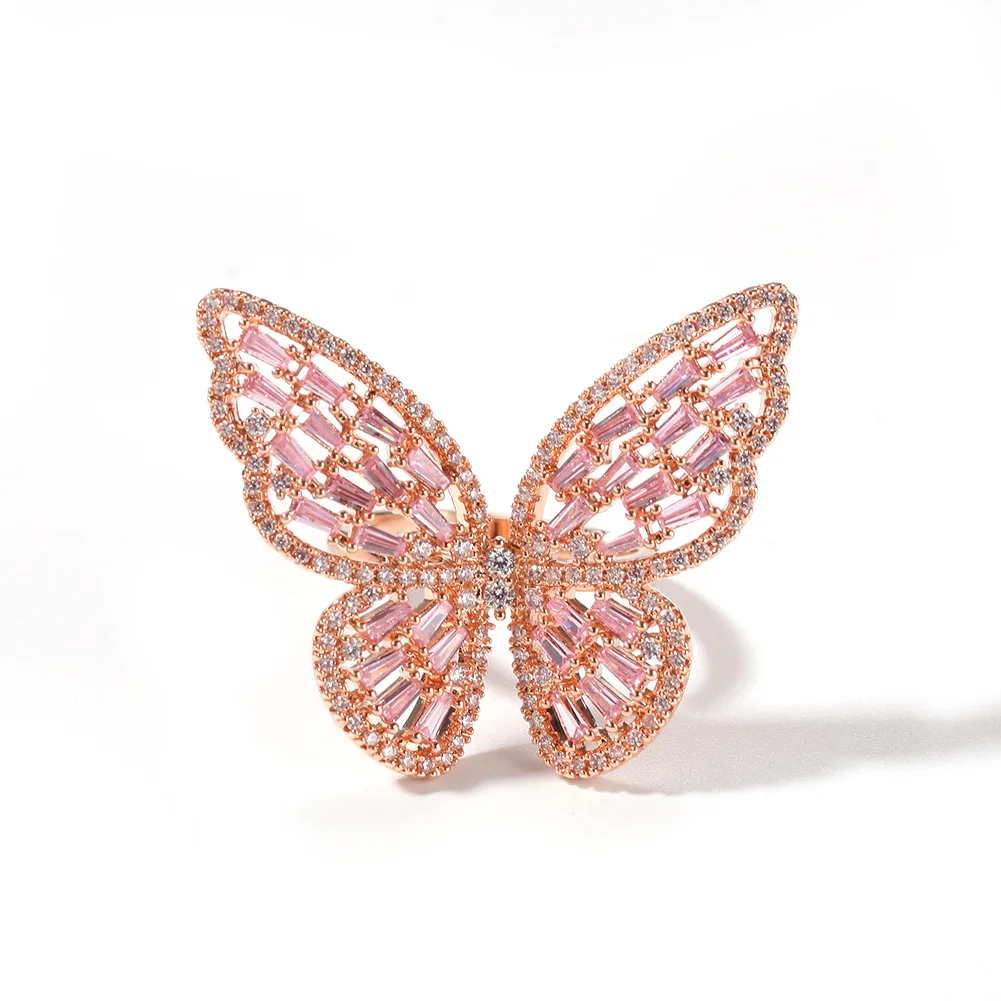 

Hollow out micro-zircon rose gold butterfly ring for women with color preserving plated adjustable eating ring