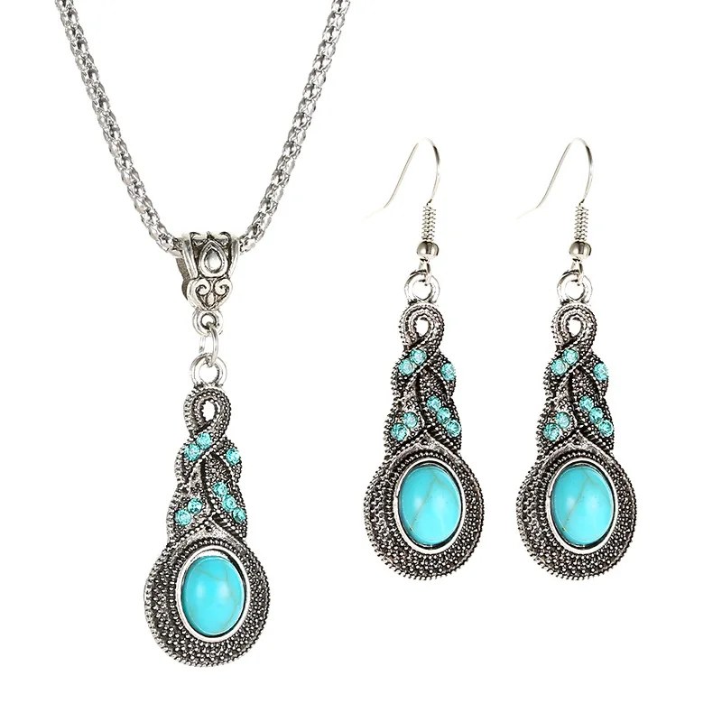 

Italian Jewelry Traditional Pendant Necklace Water Drop Earrings Jewelry Set Turquoise for Women