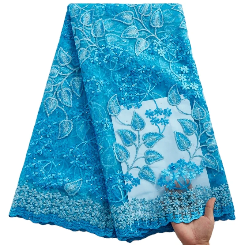 

Cheap Fabrics Mesh Fabric French Sky Blue Lace Fabric Latest Nigerian African Net Lace Embroidery For Women Dress 2369, As picture