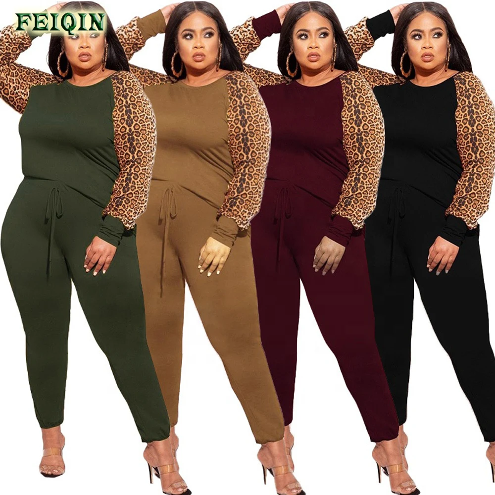

Plus Size Clothing Loose Long Leopard Print Sleeve Round Neck Pullover Jogging Suits Two Piece Pants Set Plus Size Women's Sets