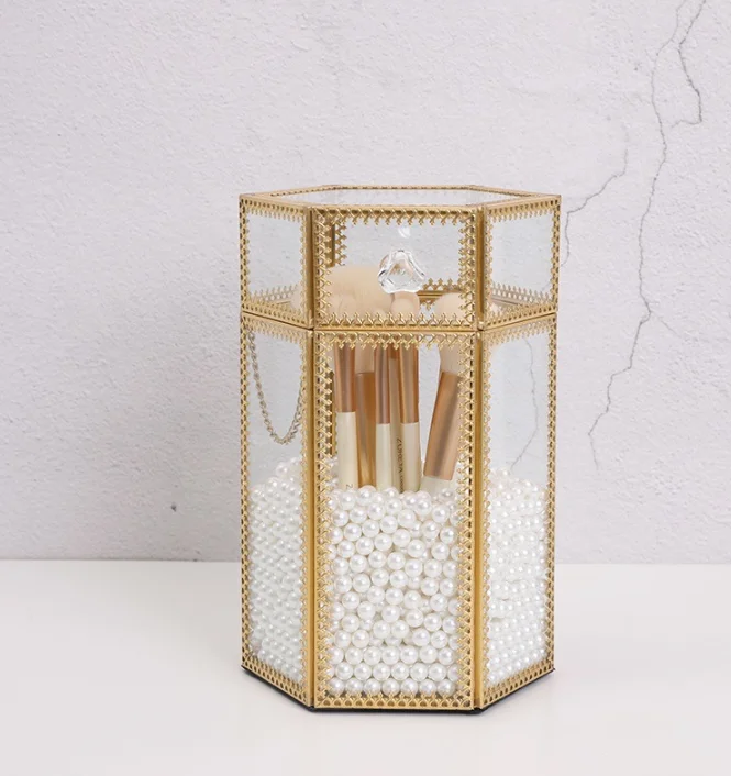 

Eco-Friendly luxury metal glass Containing pearls professional makeup Organizer brush holder with lid, Gilding