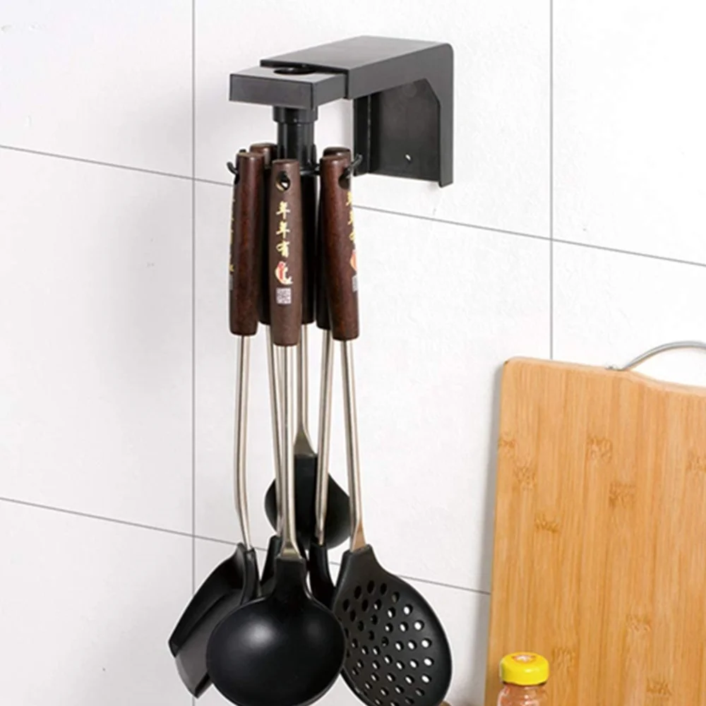 

Rotating Utensil Holder, 360 Degree Kitchen Rotating Utensil Rack With 6 Hooks for Knives Spoon Pot and Pan, Black