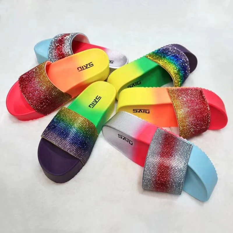 

RTS 2022 Newest Ladies Slides High Quality Wholesale Sandals Diamonds Colorful Rhinestones Slippers, Purple, red, blue