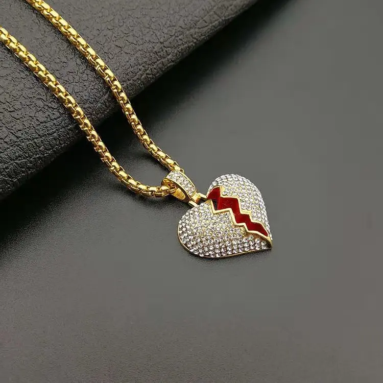 

18K Gold Broken Heart Pendant Jewelry Stainless Steel Chain Necklace Composite Diamond Red Enamel Broken Heart Necklace Charm