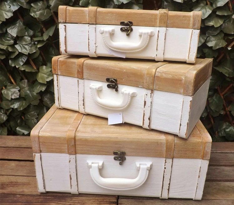 White Natural Rustic Wooden Suitcase Wedding Display Home Storage Box Shop Prop 