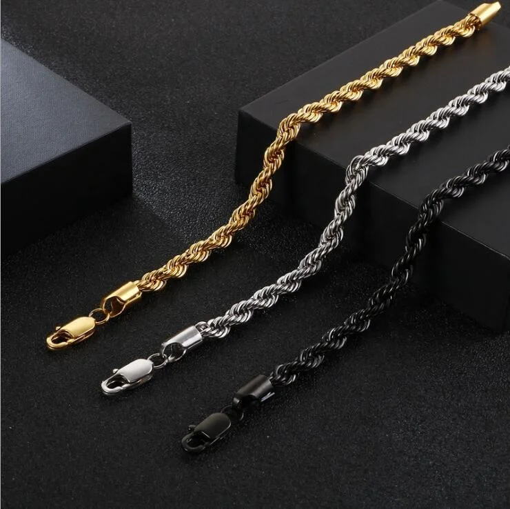

Hip Hop Mens 18k Gold Plated Rope Chain Necklace Stainless Steel Fashion Jewelry Rope chain wholesale, Picture