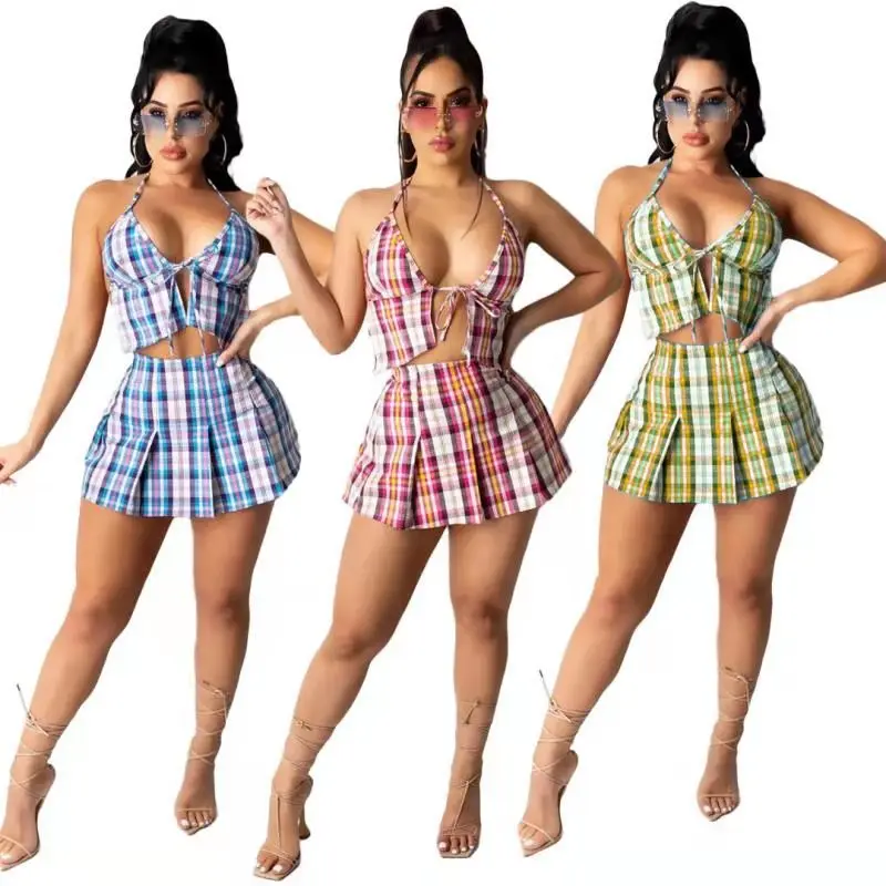 

Stock 2021 Summer New Girl's 2 Piece Skirt Set Plaid Dress Backless Club Wear Beach Dresses Women Pleated Skirts Outfits