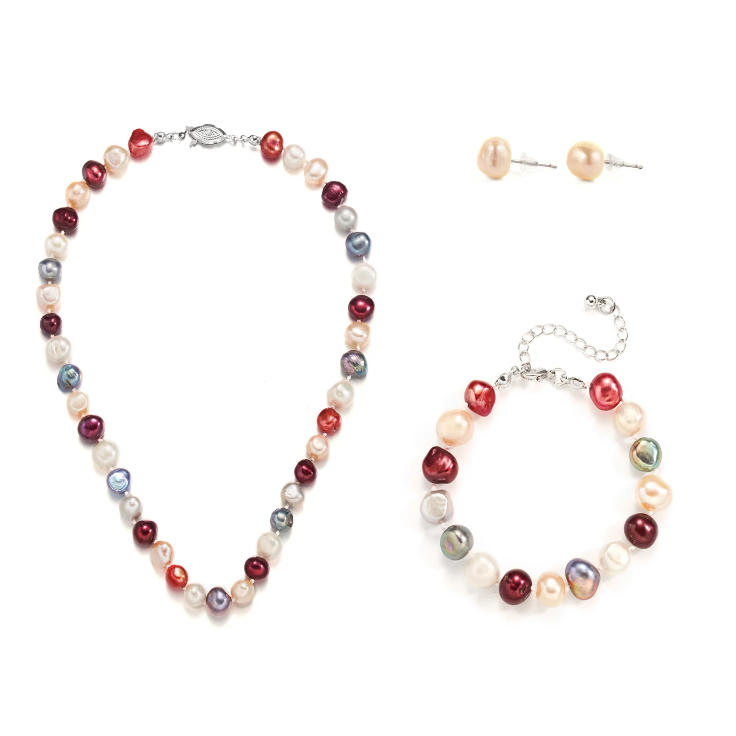 

Baroque Irregular Pearl Mixed Candy Colors Bracelet Necklace Earrings Fashion Jewelry Set, Picture shows