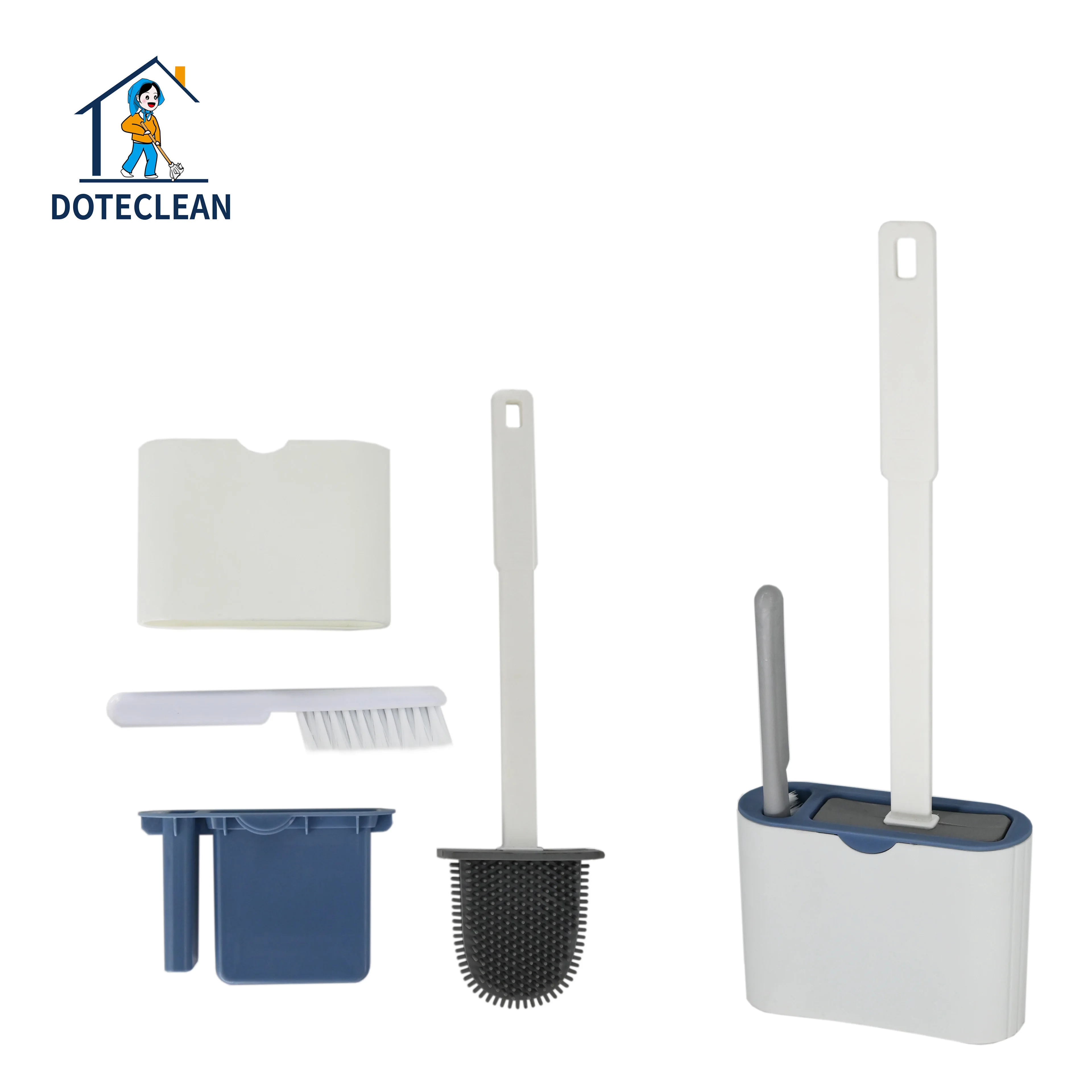

Flat soft Silicone TPR Toilet Brush with holder and small gap brush for bathroom Corner Household Cleaning Everyday