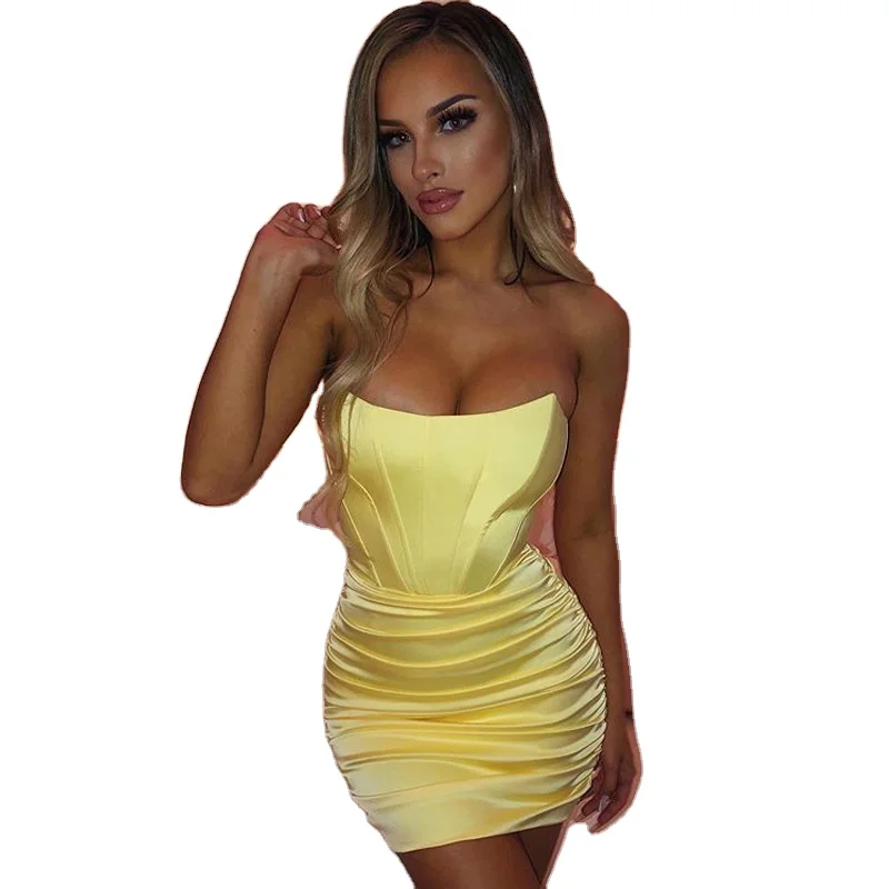 

Wholesale Summer girls' dresses Women Clothing Lady Elegant satin silk fabric Stylish Sexy prom dress 2021 Party For Woman girl, Yellow, black