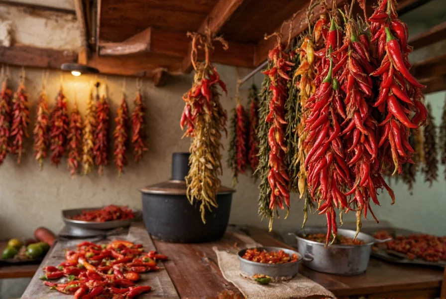 Traditional Mexican kitchen scene with various dried chile peppers hanging and being used in cooking