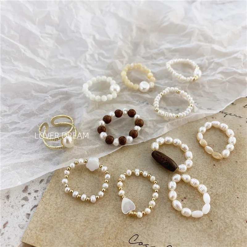 

34 models vintage handmade irregular geometric  stacking freshwater baroque pearl beaded heart elastic ring women girl, Multicolor