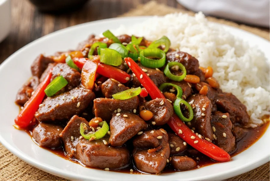 Colorful plate of Chinese pepper beef served with steamed rice and garnished with sesame seeds and sliced green onions