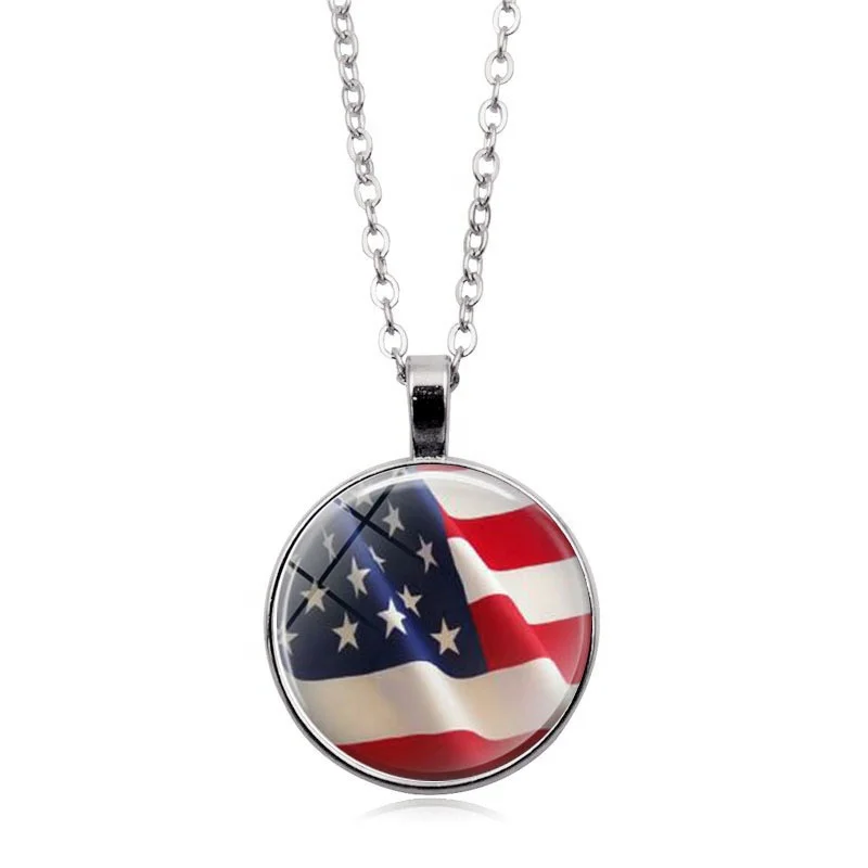 

Festival Fourth of July AMERICA INDEPENDENCE DAY country flag pendant glass vintage necklace unisex NATIONAL DAY necklace