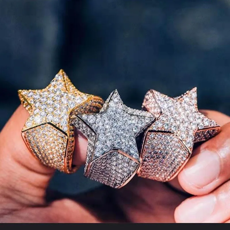 

2020 Iced Out Hip Hop Five-pointed Star Rings With18K Gold Plated Women Men Finger Ring Wholesale Rapper Jewelry