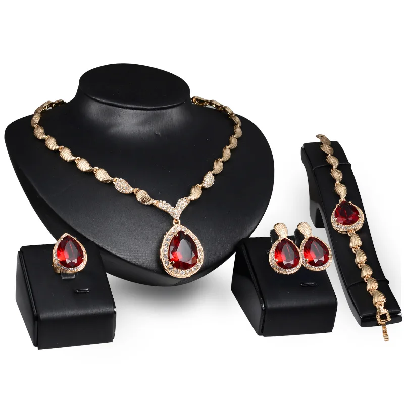 

Hot Selling Luxury Gold Plated Water Drop Gemstone Jewelry Set Fashion Bridal Party Four Piece Fine Jewelry Set