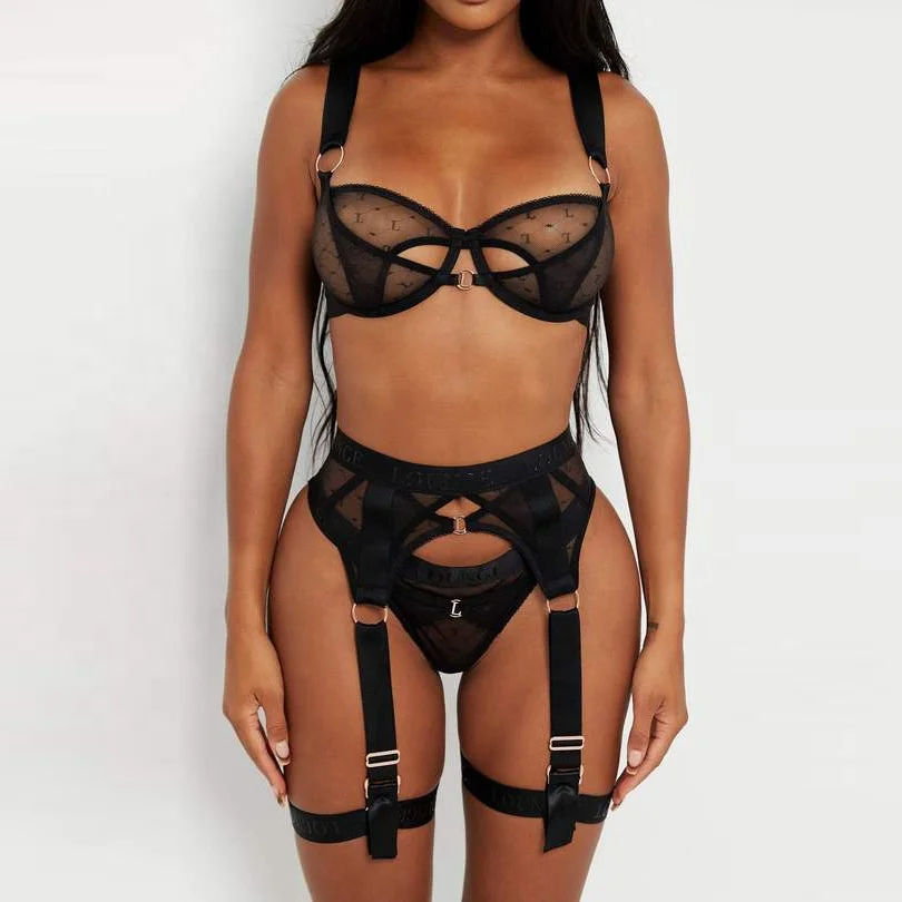 

ladies sexy lingerie set 2021 vendor Sheer Mesh Garter Underwire sexy lingerie plus size, Black
