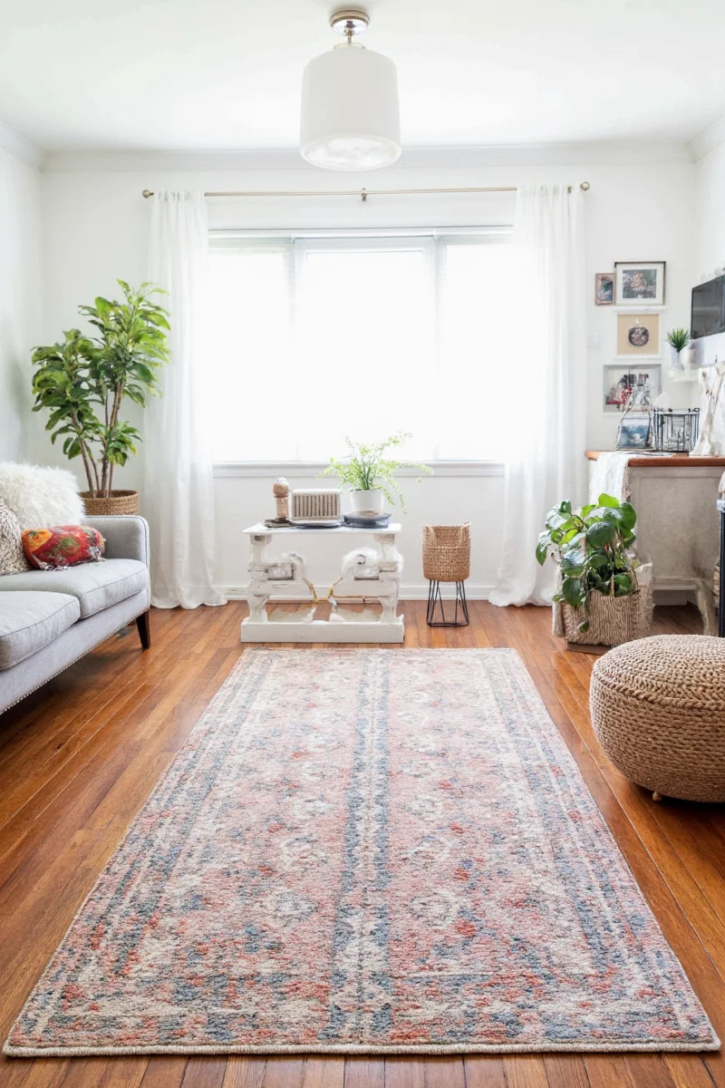 Ruggable rug placed under a dining table in a casual eat-in kitchen