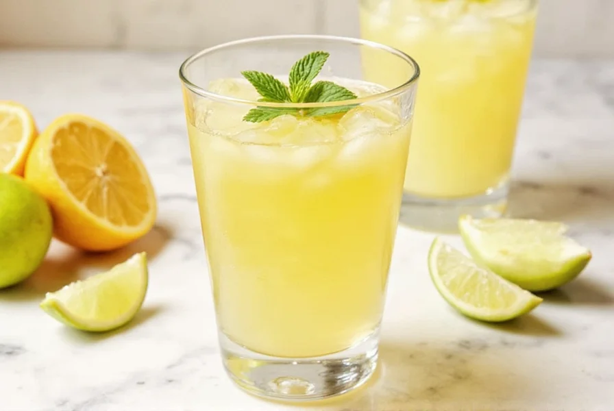 Fresh ginger drink in glass with lemon slice and mint garnish