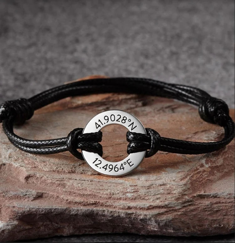 

handmade leather bracelet custom coin engraved coordinate logo birth year  personalized leather bracelet, Black, brown