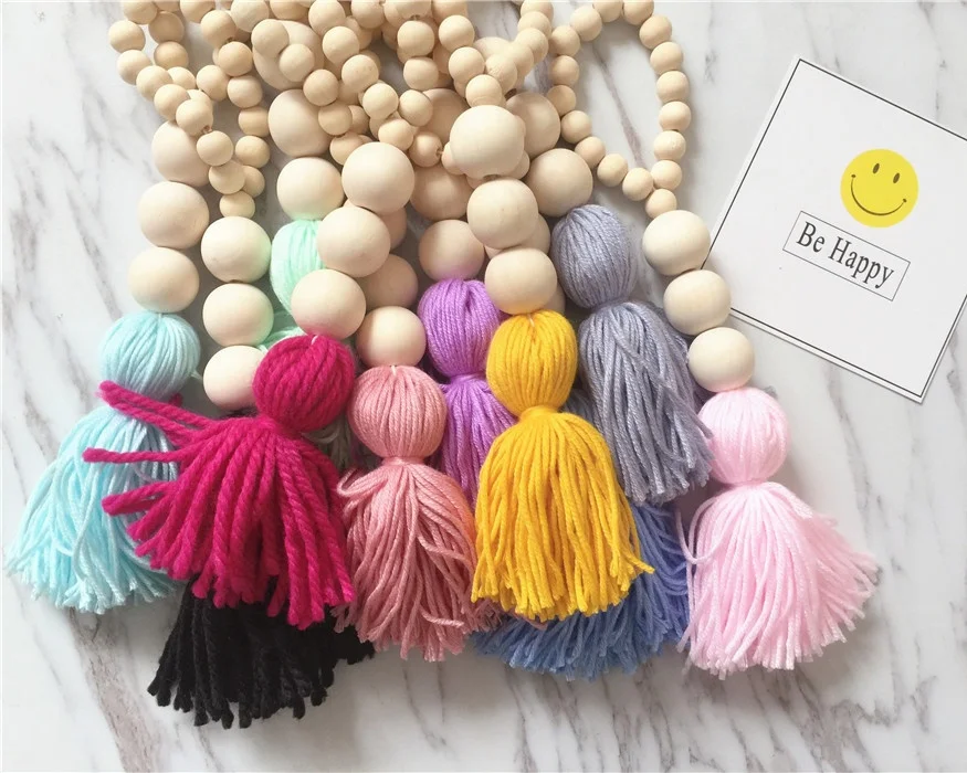 

Natural Round Wooden Beads Tassel Nursery Decor Nordic Style Wall Hanging Children's Room Tent Cot Crib Decoration Crafts