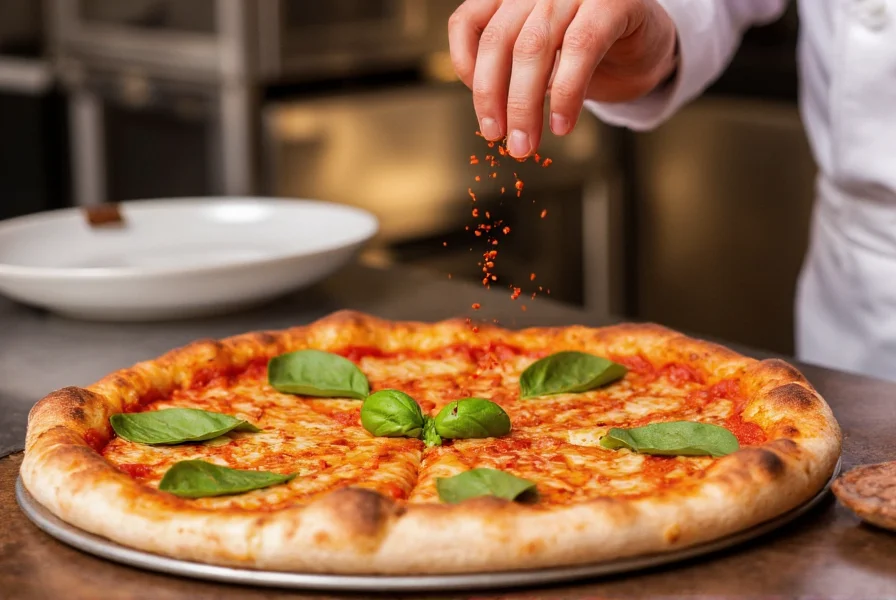 Chef's hand sprinkling red pepper flakes over a finished pizza with melted cheese and fresh basil