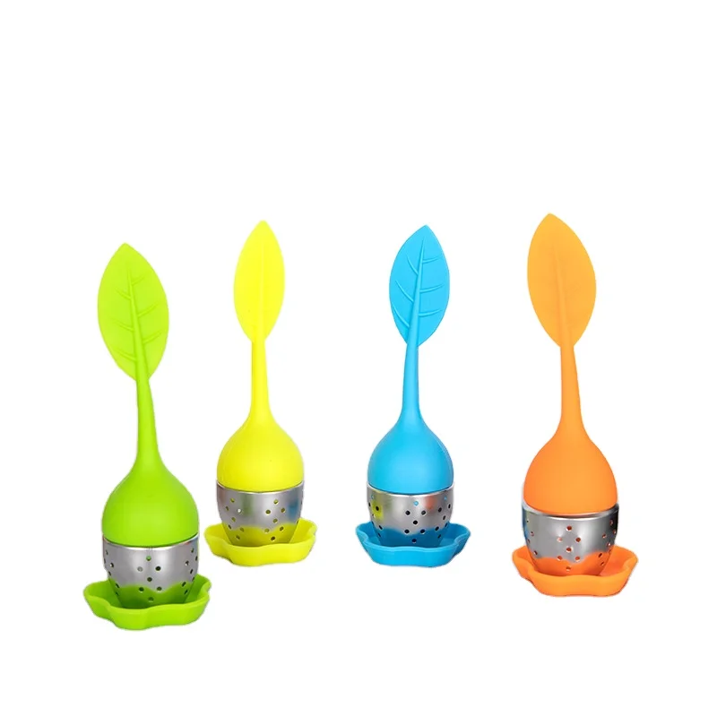 

Bhd Food Grade Leaf Shape Silicone Stainless Steel Tea Infuser Strainer With Tray, Yellow, green, blue, orange, pink