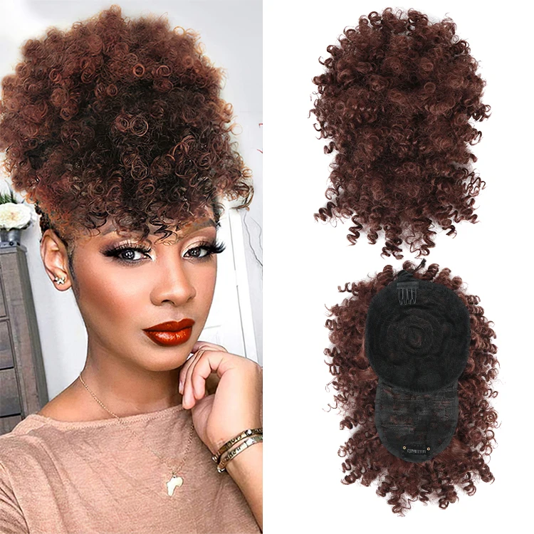 

Short Kinky Curly Chignon With Bangs Synthetic Hair Bun Drawstring Ponytail Afro Puff Hair pieces For Women Clip Hair Extension