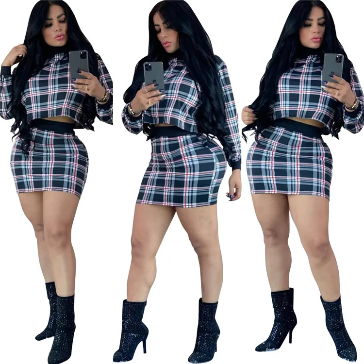 

Casual Fashion Slim Autumn Plaid Skirt Set Two Piece Womens Long Sleeve Two Piece Set Two Piece Skirt Set Women Outfits