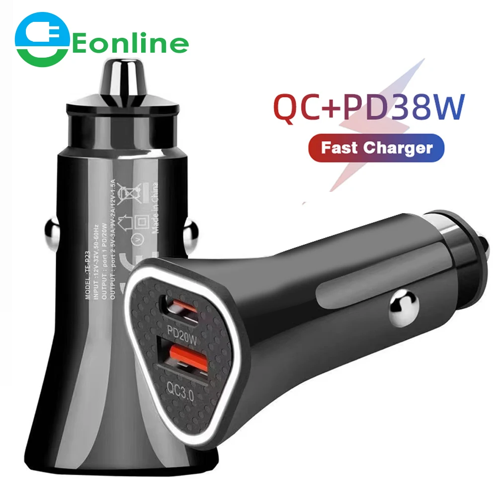 

Eonline 38W Car Charger USB Type C Fast Charger 3.0 PD 20W Quick Charging for iPhone 13 12 Pro Xiaomi Mobile Phone Charger