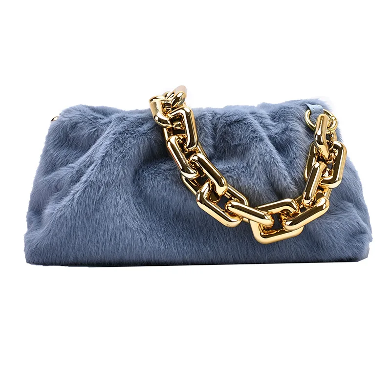 

New Fashion Faux Fur Plush Purse Handbag Ladies Chain Solid Color Shoulder Crossbody Bag Girls Clutch Bag for Women, White,blue,black,pink,gray
