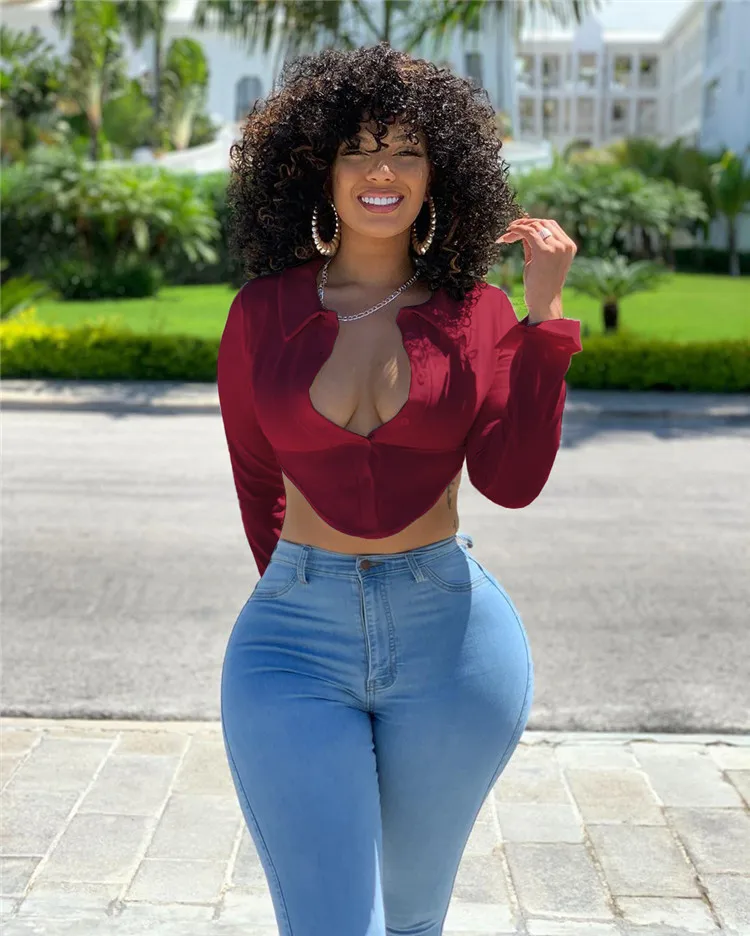 Turndown Neck Solid Button Up Ladies Crop Tops Shirts For Women Blouses Long Sleeve Shirts Women Shirts