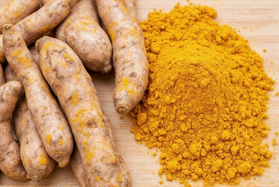 Turmeric root and powder next to breastfeeding mother's healthy meal