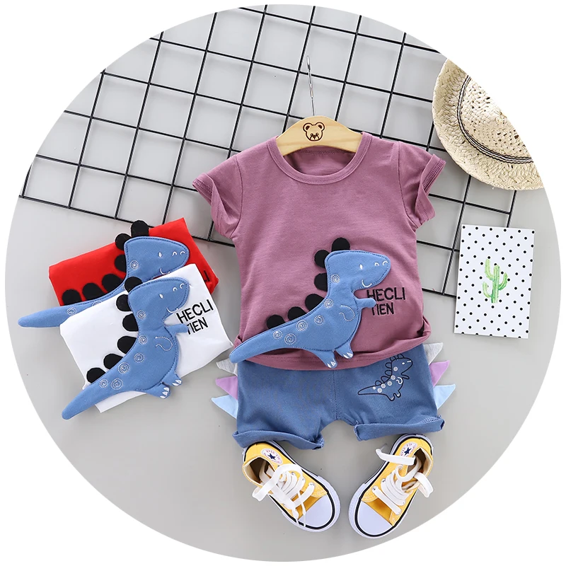 

Summer hot sale boy short sleeve round neck dinosaur stitching cute T-shirt and elastic shorts 2-piece children's clothes, Picture