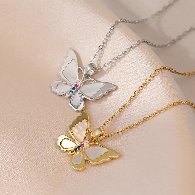 

Fashion Crystal Butterfly Shell Necklace Stainless Steel Necklace Jewelry