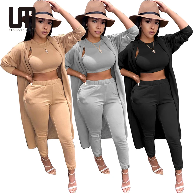 Liu Ming New Design Women Autumn Winter 3 Piece Long Coats Tank Tops Knitted Leggings Pants Set