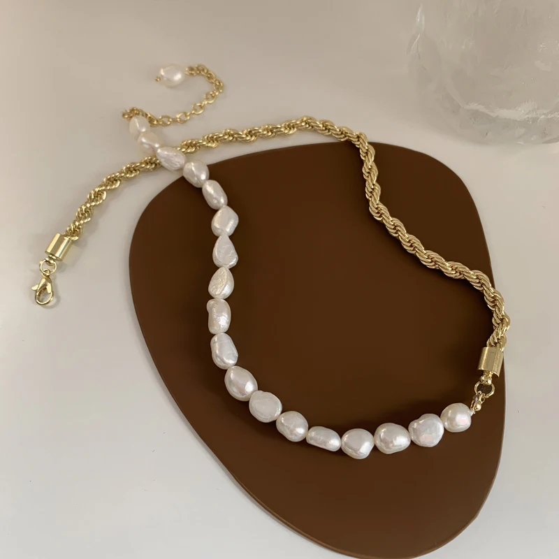 

Vershal B239 Luxury 18k Gold Plated Hot Sale Twisted Chain Link Freshwater Pearl Choker Necklace