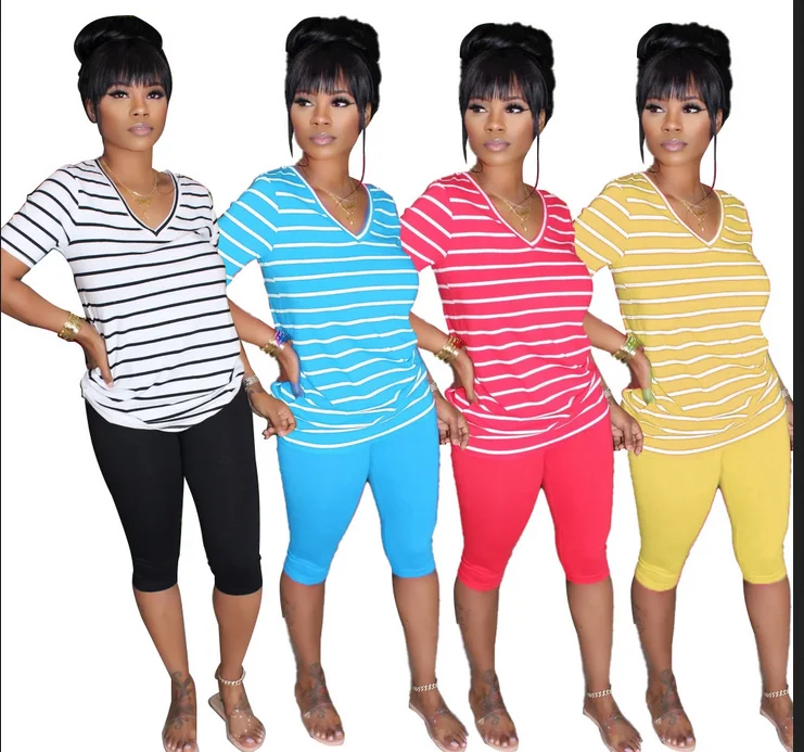 

summer simple striped top and shorts 2 piece set, Black, light blue, yellow, red