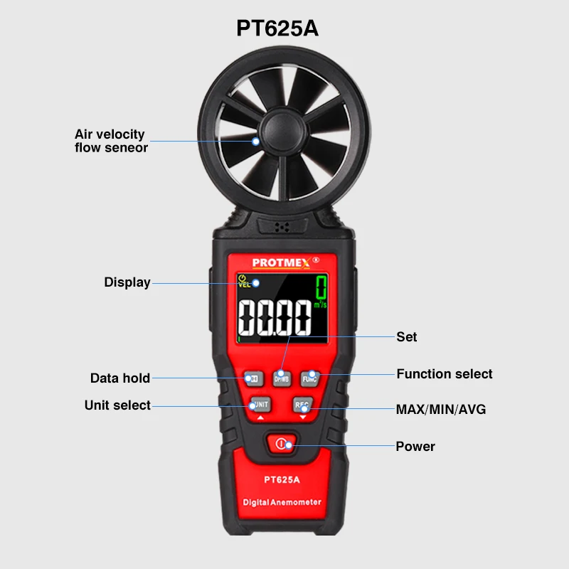
2019 New product Digital wind Anemometer PROTMEX PT625A Air Flow Meter Wind Speed Meter 
