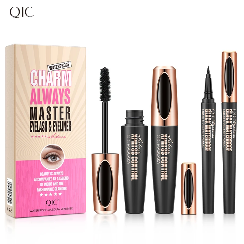 

QIC Q824 wholesale slim eyeliner glue thick black curled dual mascara no smudge waterproof eyeliner mascara 2in1 set