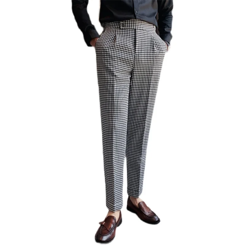 

High Quality Korean Summer Solid Drape Suit Pants Men Clothing 2021 Simple Slim Fit Ankle Length Office Trousers Formal Wear