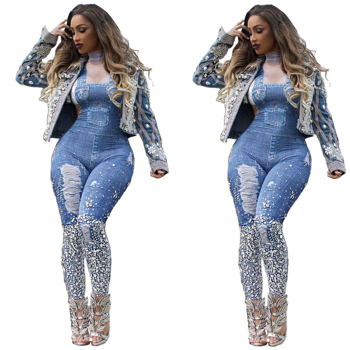 

Europe and The United States fashion denim halter print jumpsuit hot sales high collar slim jumpsuit, As customized