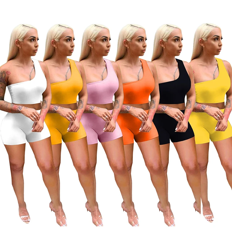 

Fashion Design Summer Trendy One Shoulder Short Outfit Clothing 2 Piece Set Women