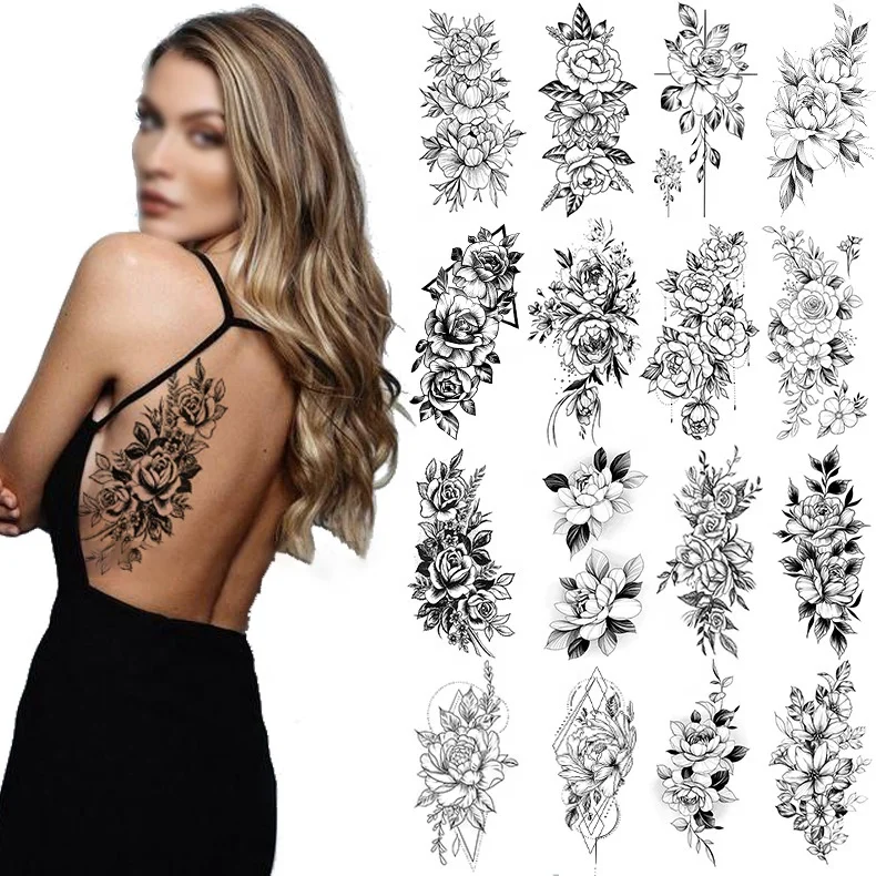 

custom Black Body Sticker arm Hand Neck Wrist Art Fashion flower Temporary Tattoo for men and women, Black and custom