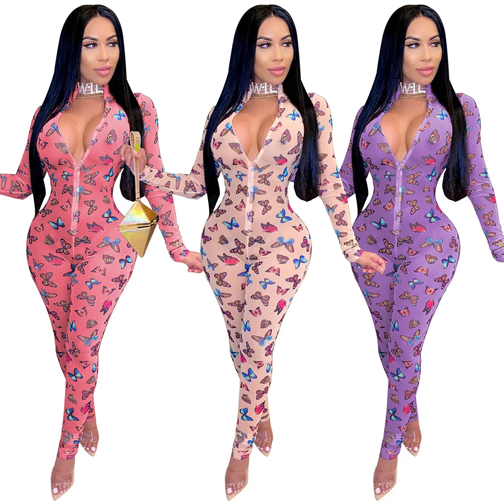 

2021 Fall Fashion Woman Bodysuits Sexy Net Yarn Perspective Butterfly Printing Rompers And Jumpsuit Rompers