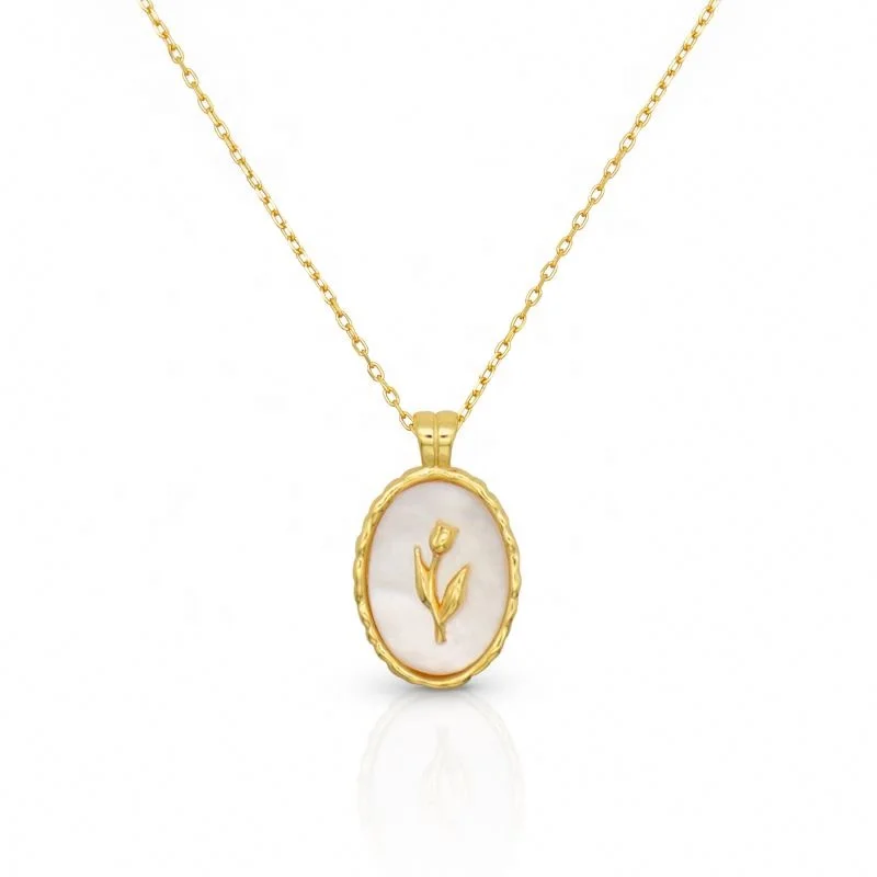 

Chris April in stock fine jewelry 925 sterling silver gold plated tulip and shell pendant necklace, Yellow gold